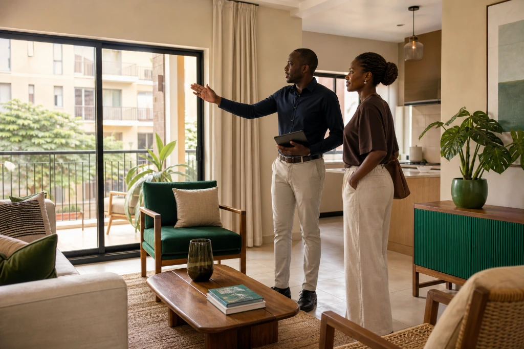 Estate agents discussing property listings with clients