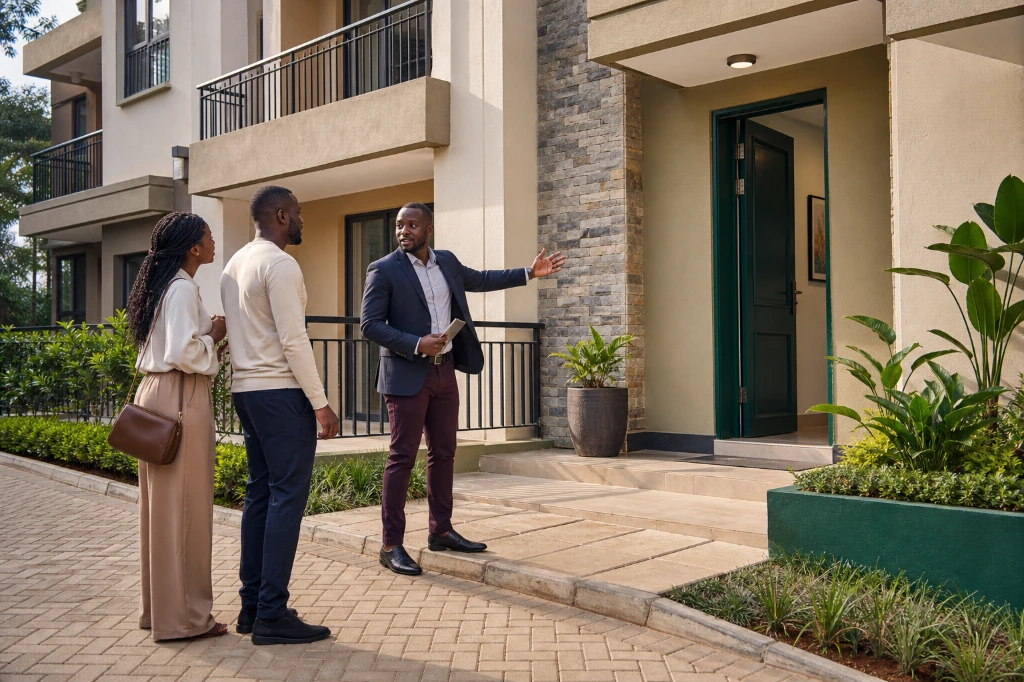 Estate agent showing clients a modern apartment building