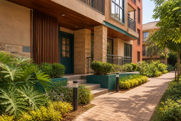 Landscaped walkway through a modern residential development
